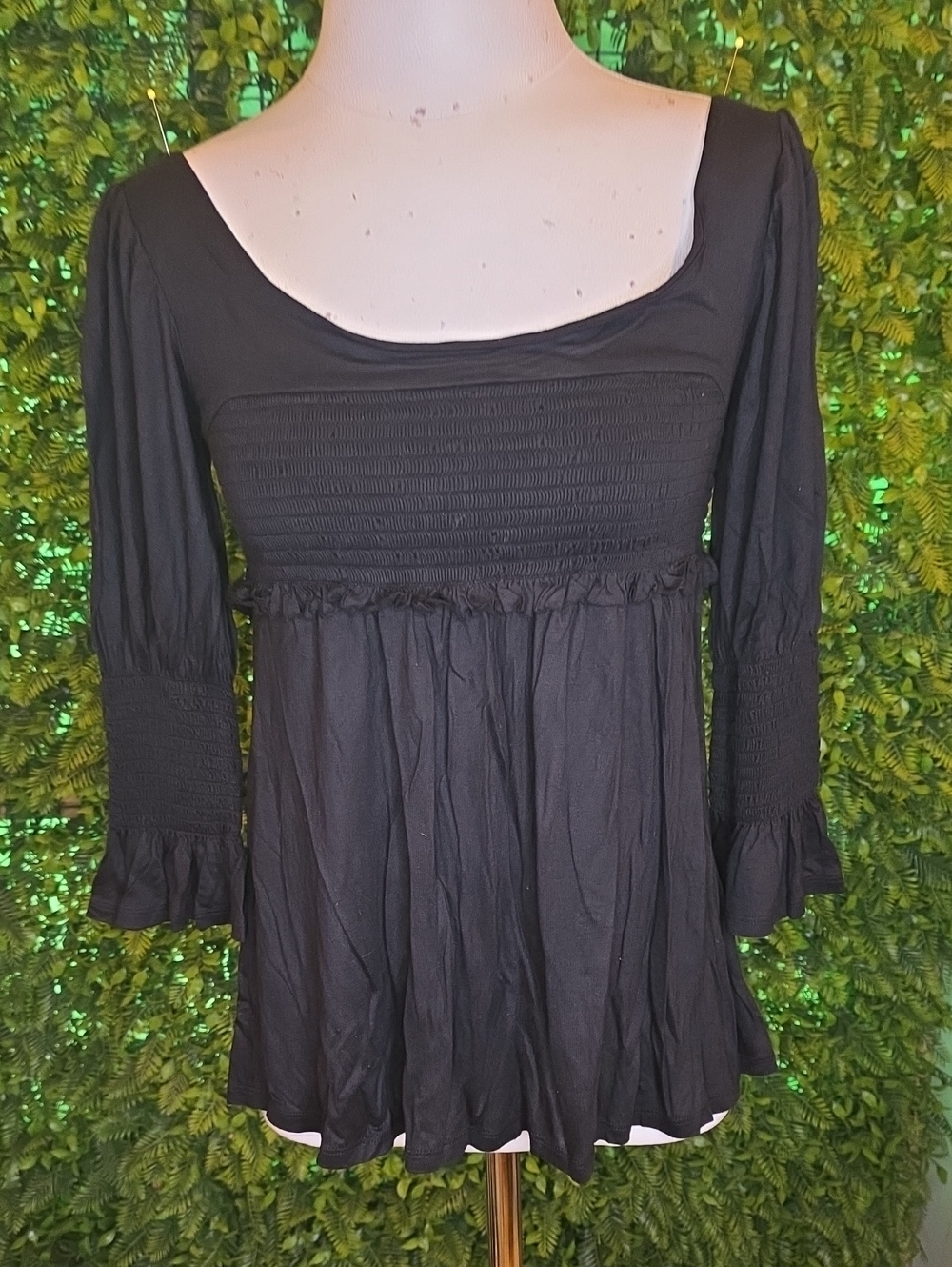 Moda International Black Smocked Empire-Waist Peasant Top